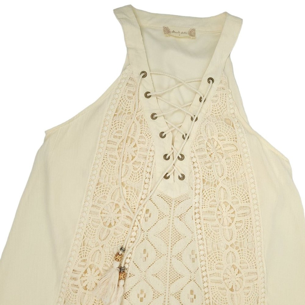 Altard State Lace MIni Dress Womens Size S Lined Sleeveless Fringe Boho Cream - Picture 7 of 14